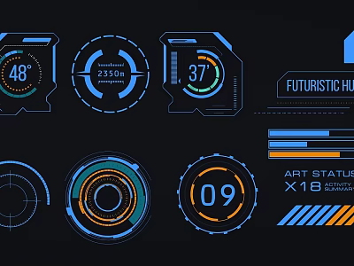 Futuristic HUD Interface Design With Digital Lines Circular Gauges And Colorful Indicators 3d model