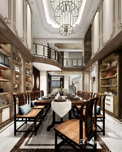 Elegant Modern Restaurant Interior With Long Dining Table Wooden Chairs Blue Cushions And Bookshelves 3d model 