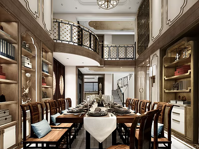 Elegant Modern Restaurant Interior With Long Dining Table Wooden Chairs Blue Cushions And Bookshelves 3d model
