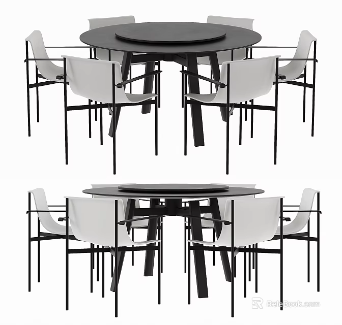 Modern Dining Table Set With Round Table White Chairs And Black Frame Design 3d model