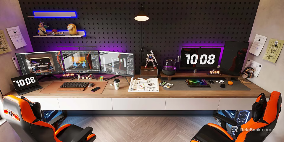 Modern Office Desk Setup With Dual Monitors Desk Lamp Digital Clock And Ergonomic Chair 3d model 