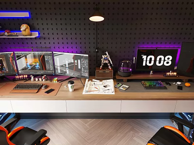 Modern Office Desk Setup With Dual Monitors Desk Lamp Digital Clock And Ergonomic Chair 3d model
