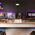 Modern Office Desk Setup With Dual Monitors Desk Lamp Digital Clock And Ergonomic Chair