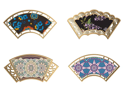 Fan Shaped Wall Decor Set With Golden Frame And Colorful Floral Geometric Patterns 3d model