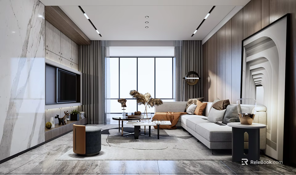 Modern Living Room Interior With Large Window L Shaped Sofa And TV Wall 3d model 