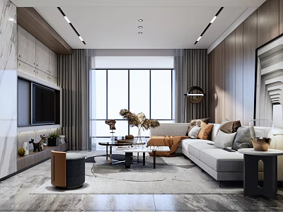 Modern Living Room Interior With Large Window L Shaped Sofa And TV Wall 3d model