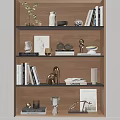 Modern Decorative Ornament Combination On Wooden Bookshelf With Books Sculptures And Vases