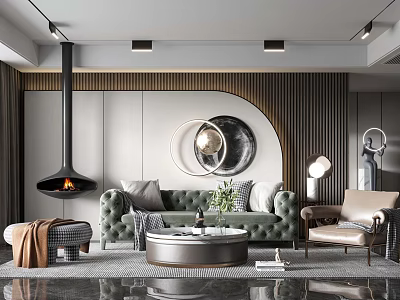 Modern Luxury Living Room Interior With Green Tufted Sofa Circular Mirror And Fireplace 3d model
