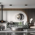Modern Luxury Living Room Interior With Green Tufted Sofa Circular Mirror And Fireplace