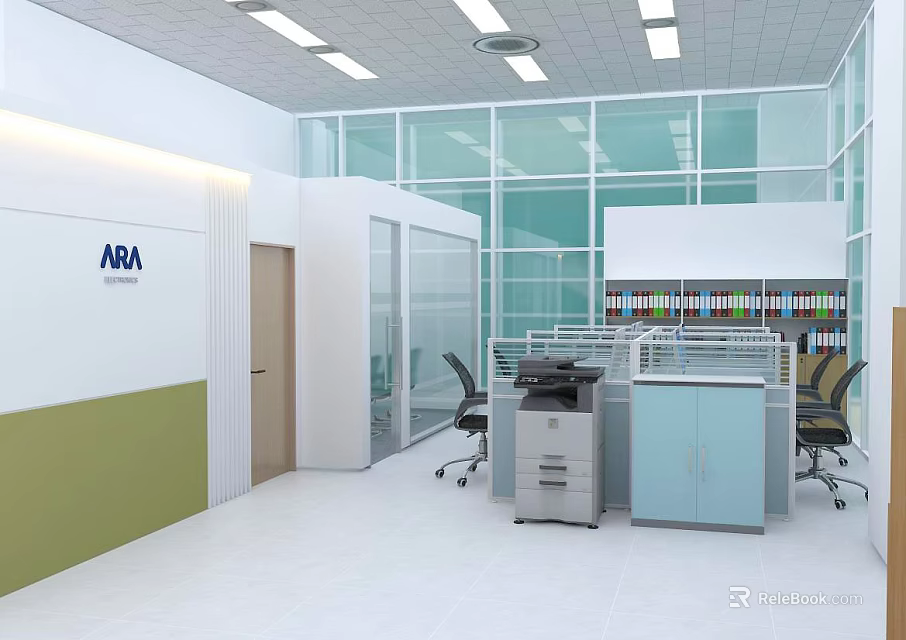 Modern Public Office Area With Glass Partitions Desks Chairs Printer And File Cabinets 3d model 
