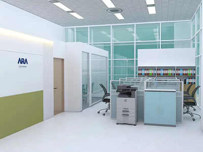 Modern Public Office Area With Glass Partitions Desks Chairs Printer And File Cabinets 3d model