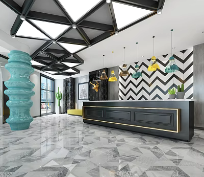 Modern Hotel Lobby Featuring Geometric Ceiling Colorful Pendant Lights Chevron Wall And Black Reception Desk 3d model