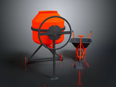 Orange Colored Construction Tools Set With Concrete Mixer Wheelbarrow And Shovel 3d model