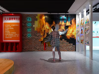 Person Learning Fire Extinguisher Use Method At Fire Safety Exhibition Wall With Flame Design 3d model