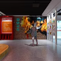 Person Learning Fire Extinguisher Use Method At Fire Safety Exhibition Wall With Flame Design