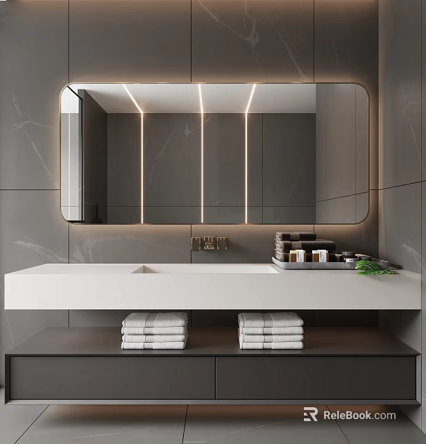 Modern Bathroom Mirror with LED Light Strips and Marble Walls White Vanity Folded Towels Toiletries 3d model 