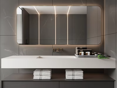 Modern Bathroom Mirror with LED Light Strips and Marble Walls White Vanity Folded Towels Toiletries 3d model