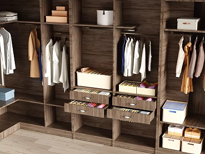 Organized Wooden Wardrobe Interior With Hanging Clothes Drawers Shelves And Storage Boxes 3d model