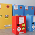 Various Colored Industrial Storage Cabinets with Warning Signs and Safety Labels
