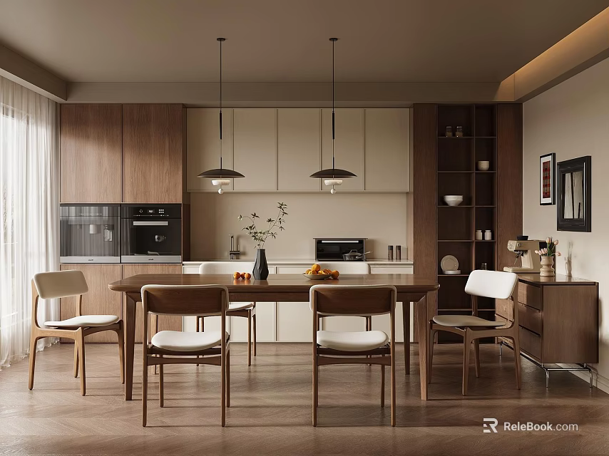 Modern Kitchen Interior Featuring Walnut Cabinets Dining Table Chairs Hanging Lights And Appliances 3d model 