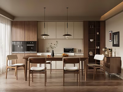 Modern Kitchen Interior Featuring Walnut Cabinets Dining Table Chairs Hanging Lights And Appliances 3d model