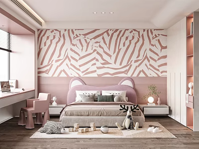 Kids Room Interior Design With Pink White Zebra Stripe Wallpaper And Pink Headboard 3d model