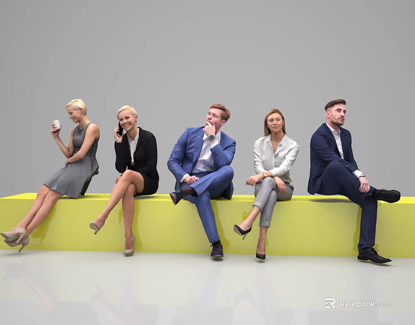 Group of Business People Sitting on Yellow Bench with Coffee Cups and Mobile Phones 3d model 