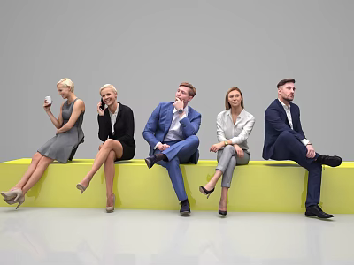 Group of Business People Sitting on Yellow Bench with Coffee Cups and Mobile Phones 3d model