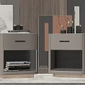 Gray Leather Bedside Tables With Camera Books And Decor On Wooden Wall