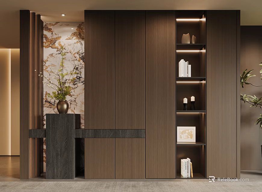 Modern Brown Wooden Shoe Cabinet With Minimalist Design And Open Shelves In Interior Space 3d model 