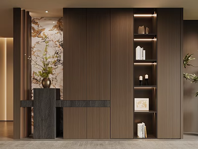 Modern Brown Wooden Shoe Cabinet With Minimalist Design And Open Shelves In Interior Space 3d model
