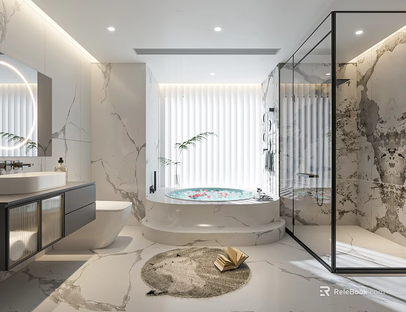 Modern Bathroom Interior With Marble Walls Freestanding Bathtub Glass Shower And Vanity Mirror 3d model 