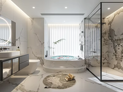 Modern Bathroom Interior With Marble Walls Freestanding Bathtub Glass Shower And Vanity Mirror 3d model