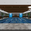 Indoor Swimming Pool With Modern Ceiling Lounge Chairs And Green Plants Lane Lines