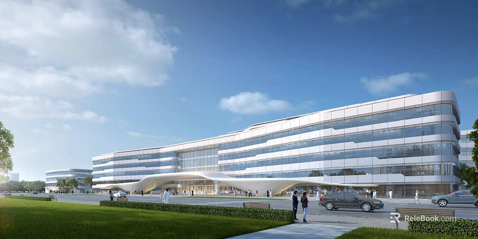 Modern Hospital Building With Glass Curtain Wall Streamlined Design Lawn Area And Pedestrians Walking 3d model 