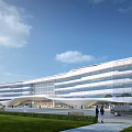 Modern Hospital Building With Glass Curtain Wall Streamlined Design Lawn Area And Pedestrians Walking