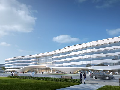 Modern Hospital Building With Glass Curtain Wall Streamlined Design Lawn Area And Pedestrians Walking 3d model