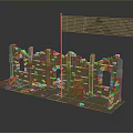 Stone Wood Architectural Ruins Model With Arched Openings Red Geometric Objects And Flag 3d model
