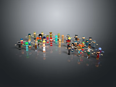 Cartoon Characters With Various Colors Poses Holding Weapons And Tools On Gray Background 3d model
