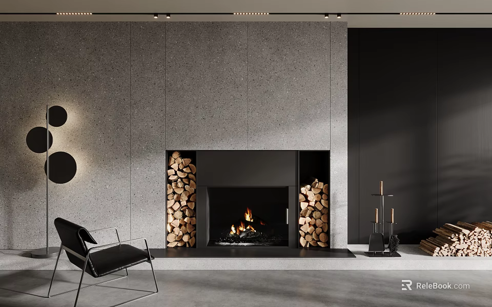 Modern Fireplace With Firewood And Black Chair In Minimalist Room 3d model 