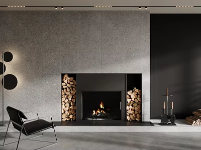 Modern Fireplace With Firewood And Black Chair In Minimalist Room 3d model