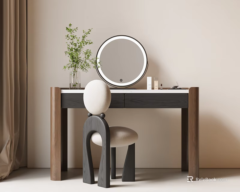Modern Dressing Table with Round Mirror Wooden Legs White Top Green Plant and Skincare Products 3d model 