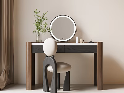 Modern Dressing Table with Round Mirror Wooden Legs White Top Green Plant and Skincare Products 3d model