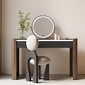 Modern Dressing Table with Round Mirror Wooden Legs White Top Green Plant and Skincare Products