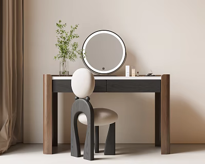 Modern Dressing Table with Round Mirror Wooden Legs White Top Green Plant and Skincare Products 3d model