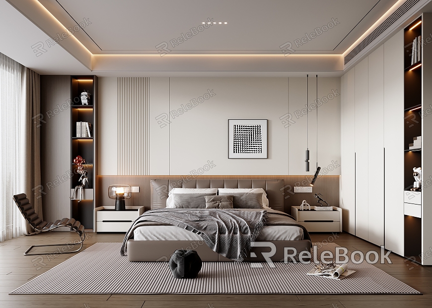 Italian-style Bedroom Leather Double Bed Customized Wardrobe Leisure Chair Black and White Hanging Picture Bedside Cabinet Metal Small Chandelier Decoration No Main Lamp Bedroom model