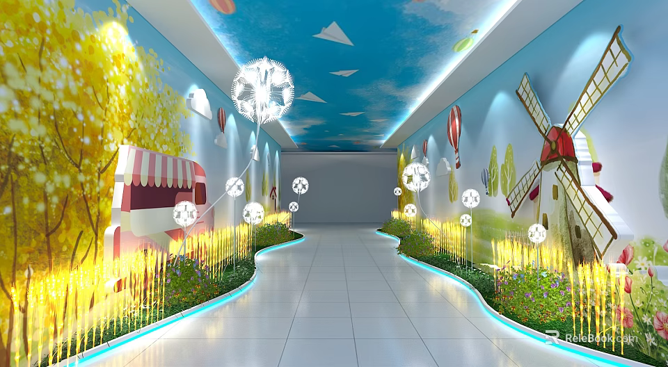 Event Passageway Featuring Blue Ceiling Paper Planes Dandelion Lights Green Plants And Murals 3d model 