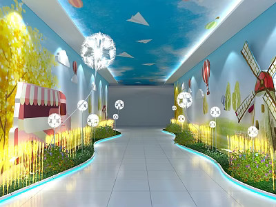 Event Passageway Featuring Blue Ceiling Paper Planes Dandelion Lights Green Plants And Murals 3d model
