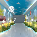 Event Passageway Featuring Blue Ceiling Paper Planes Dandelion Lights Green Plants And Murals