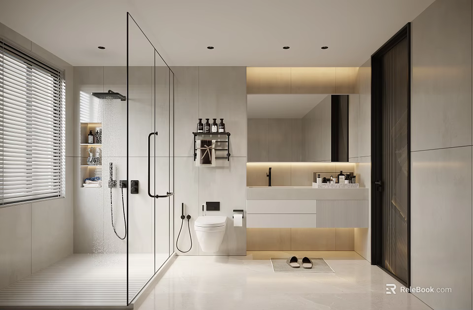 Modern Bathroom Interior Design With Glass Shower Vanity Mirror And Storage Cabinets 3d model 